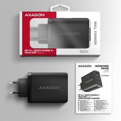 AXAGON ACU-DPQ100, GaN nabíječka do sítě 100W, 3x port (USB-A + dual USB-C), PD3.0/PPS/QC4+/Apple