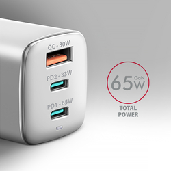 AXAGON ACU-DPQ65W, GaN nabíječka do sítě 65W, 3x port (USB-A + dual USB-C), PD3.0/QC4+/PPS/Apple