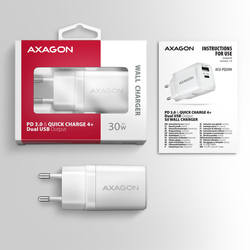 AXAGON ACU-PQ30W Sil nabíječka do sítě 30W, 2x port (USB-A + USB-C), PD3.0/PPS/QC4+/AFC/Apple, bílá