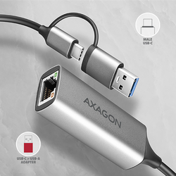 AXAGON ADE-TXCA, USB-C + USB-A 3.2 Gen 1 - Gigabit Ethernet síťová karta, Asix AX88179, auto instal