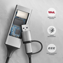 AXAGON ADE-TXCA, USB-C + USB-A 3.2 Gen 1 - Gigabit Ethernet síťová karta, Asix AX88179, auto instal