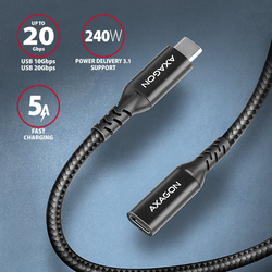 AXAGON BUCM32-CF05AB prodlužovací kabel USB-C (M) <-> USB-C (F), 0.5m, USB 20Gbps, PD 240W ALU oplet