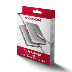 AXAGON HMC-5HL USB 5Gbps hub, 2x USB-A, HDMI 4k/60Hz, RJ-45 GLAN, PD 100W, kabel USB-C 20cm