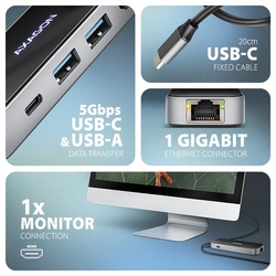 AXAGON HMC-6GLN, USB 5Gbps hub, 2x USB-A, USB-C, HDMI 4k/60Hz, RJ-45 GLAN, PD 100W, kabel USB-C 20cm