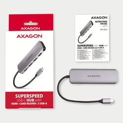 AXAGON HMC-HCR3A, USB 3.2 Gen 1 hub, porty 3x USB-A, HDMI 4k/30Hz, SD/microSD, kabel USB-C 20cm