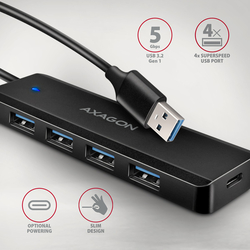 AXAGON HUE-C1A, 4x USB 5Gbps TRAVEL hub, USB-C napájecí konektor, kabel USB-A 19cm