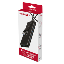 AXAGON HUE-F7A, 7x USB 3.2 Gen 1 ALU FLAT CHARGING hub, micro USB napájecí konektor, kabel USB-A 1m