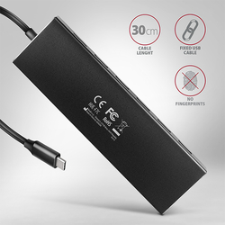 AXAGON HUE-F7C, 7x USB 3.2 Gen 1 ALU FLAT CHARGING hub, micro USB napájecí konektor, kabel USB-C 30cm