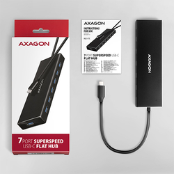 AXAGON HUE-F7C, 7x USB 3.2 Gen 1 ALU FLAT CHARGING hub, micro USB napájecí konektor, kabel USB-C 30cm