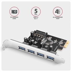 AXAGON PCEU-430RS, PCIe řadič, 4x USB 5Gbps port, SATA napájení, Renesas PD720201, SP