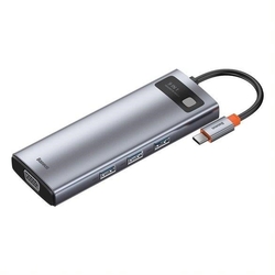 Baseus Metal Gleam Series 9v1 HUB USB-C (USB-C PD 100W, 3* USB 3.0, HDMI, VGA, RJ45, SD/TF port), šedá