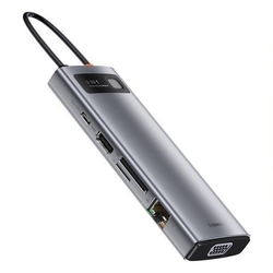 Baseus Metal Gleam Series 9v1 HUB USB-C (USB-C PD 100W, 3* USB 3.0, HDMI, VGA, RJ45, SD/TF port), šedá