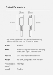 Baseus Tungsten Gold rychlonabíjecí / datový kabel USB-C na Lightning PD 20W 1m, černá