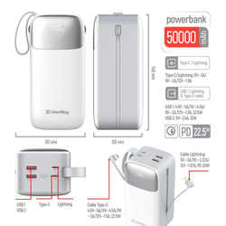 ColorWay powerbanka 50 000mAh, 1x USB QC3.0/ USB-C/ Lightning/ 22,5W/ Bílá