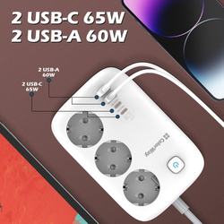 ColorWay Prodlužovací napájecí přívod/ 3x Schuko/ 2x USB-A 60W/ 2x USB-C 65W/ kabel 2m