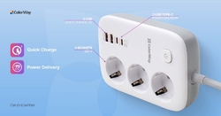 ColorWay Prodlužovací napájecí přívod/ 3x Schuko/ 2x USB-A 60W/ 2x USB-C 65W/ kabel 2m