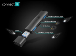 CONNECT IT COMPACT 4v1 USB-A hub + čtečka karet, (2xUSB-A 3.0, 1xSD, 1xMicroSD), externí, ANTRACITOVÁ