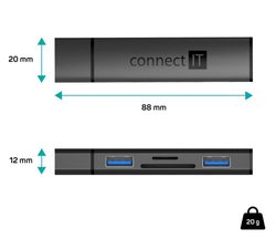 CONNECT IT COMPACT 4v1 USB-A hub + čtečka karet, (2xUSB-A 3.0, 1xSD, 1xMicroSD), externí, ANTRACITOVÁ