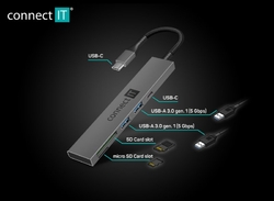 CONNECT IT CompactPRO USB-C hub + čtečka karet, (2xUSB-A 3.0, 1xUSB-C), externí, antracitový