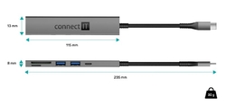 CONNECT IT CompactPRO USB-C hub + čtečka karet, (2xUSB-A 3.0, 1xUSB-C), externí, antracitový