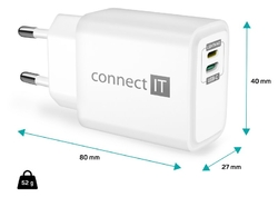 CONNECT IT DUPLEX Nabíjecí adaptér 1xLightning + 1×USB-C, 20W, kabel 27W, BÍLÝ