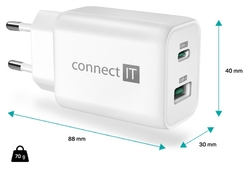 CONNECT IT Wanderer2 GaN nabíjecí adaptér 1×USB-C + 1xUSB-A, 33W PD, bílá