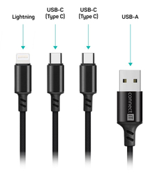 CONNECT IT Wirez 3in1 2x USB-C & 1x Lightning, 12 W, 1,2 m, ČERNÝ