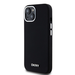 DKNY Liquid Silicone Silver Metal Logo Magsafe Zadní Kryt pro iPhone 15 Black