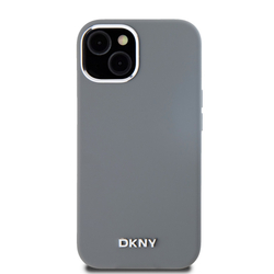 DKNY Liquid Silicone Silver Metal Logo Magsafe Zadní Kryt pro iPhone 15 Grey