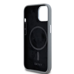 DKNY Liquid Silicone Silver Metal Logo Magsafe Zadní Kryt pro iPhone 15 Grey