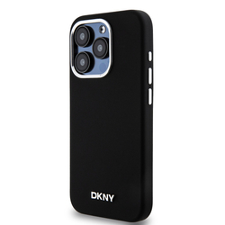 DKNY Liquid Silicone Silver Metal Logo Magsafe Zadní Kryt pro iPhone 15 Pro Black