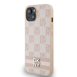 DKNY PU Leather Checkered Pattern and Stripe Zadní Kryt pro iPhone 13 Pink