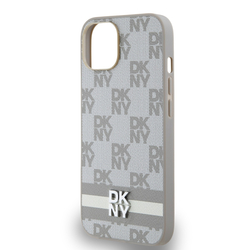 DKNY PU Leather Checkered Pattern and Stripe Zadní Kryt pro iPhone 14 Beige