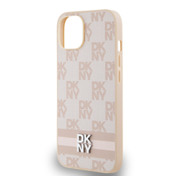 DKNY PU Leather Checkered Pattern and Stripe Zadní Kryt pro iPhone 14 Pink