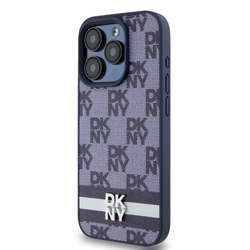 DKNY PU Leather Checkered Pattern and Stripe Zadní Kryt pro iPhone 15 Pro Blue