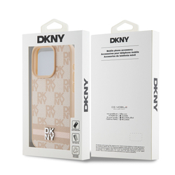 DKNY PU Leather Checkered Pattern and Stripe Zadní Kryt pro iPhone 15 Pro Pink