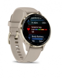 Garmin Venu 3S, Nerezová luneta Soft Gold, pouzdro French Gray, silikonový řemínek