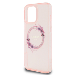 Guess IML Flowers Ring MagSafe Zadní Kryt pro iPhone 16 Pro Pink