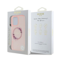 Guess IML Flowers Ring MagSafe Zadní Kryt pro iPhone 16 Pro Pink