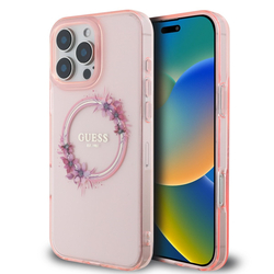 Guess IML Flowers Ring MagSafe Zadní Kryt pro iPhone 16 Pro Pink