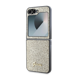 Guess PC/TPU Glitter Flakes Metal Logo Zadní Kryt pro Samsung Galaxy Z Flip 6 Gold