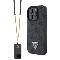 Guess PU 4G Strass Triangle Metal Logo Zadní Kryt + Crossbody Popruh pro iPhone 16 Pro Max Black