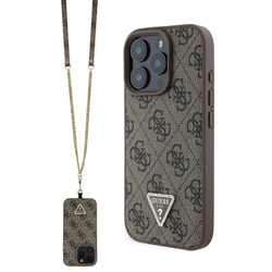 Guess PU 4G Strass Triangle Metal Logo Zadní Kryt + Crossbody Popruh pro iPhone 16 Pro Max Brown