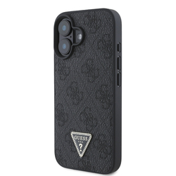 Guess PU 4G Strass Triangle Metal Logo Zadní Kryt pro iPhone 16 Black