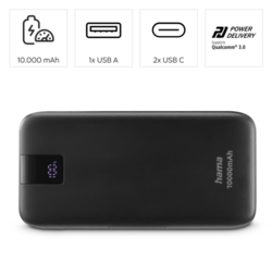 Hama PD 10 powerbanka, 10000 mAh, 3 výstupy: 2x USB-C, 1x USB-A, LED displej, PD, Qualcomm