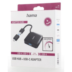 Hama USB hub, 4 porty, USB 3.2 Gen 1, USB-C adaptér