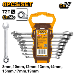 Ingco HKSPAR1082 Klíč očkoplochý račnový CrMo 8-19mm 8ks