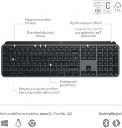 Logitech klávesnice Wireless MX Keys S, CZ, bezdrátová, černá/grafitová, Bolt