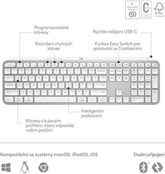 Logitech klávesnice Wireless MX Keys S, INTL, bezdrátová, Pale Grey, Bolt