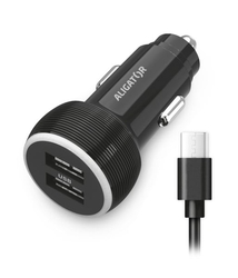 Nabíječka do auta ALIGATOR s USB-C kabelem a 2xUSB výstupem 2.4A, černá